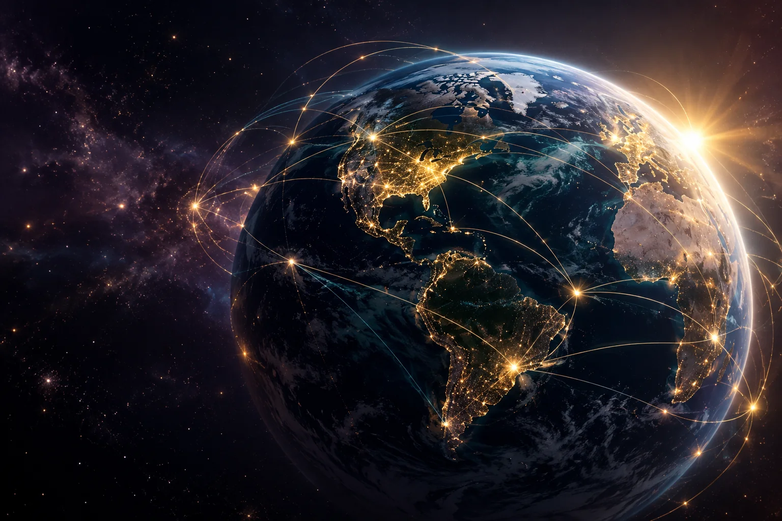 Illuminated globe with signals connecting regions around the world