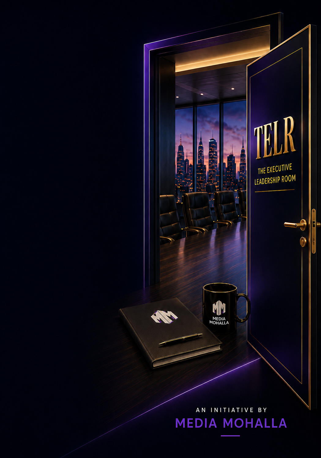 TELR executive boardroom with an open leadership-room door and city skyline