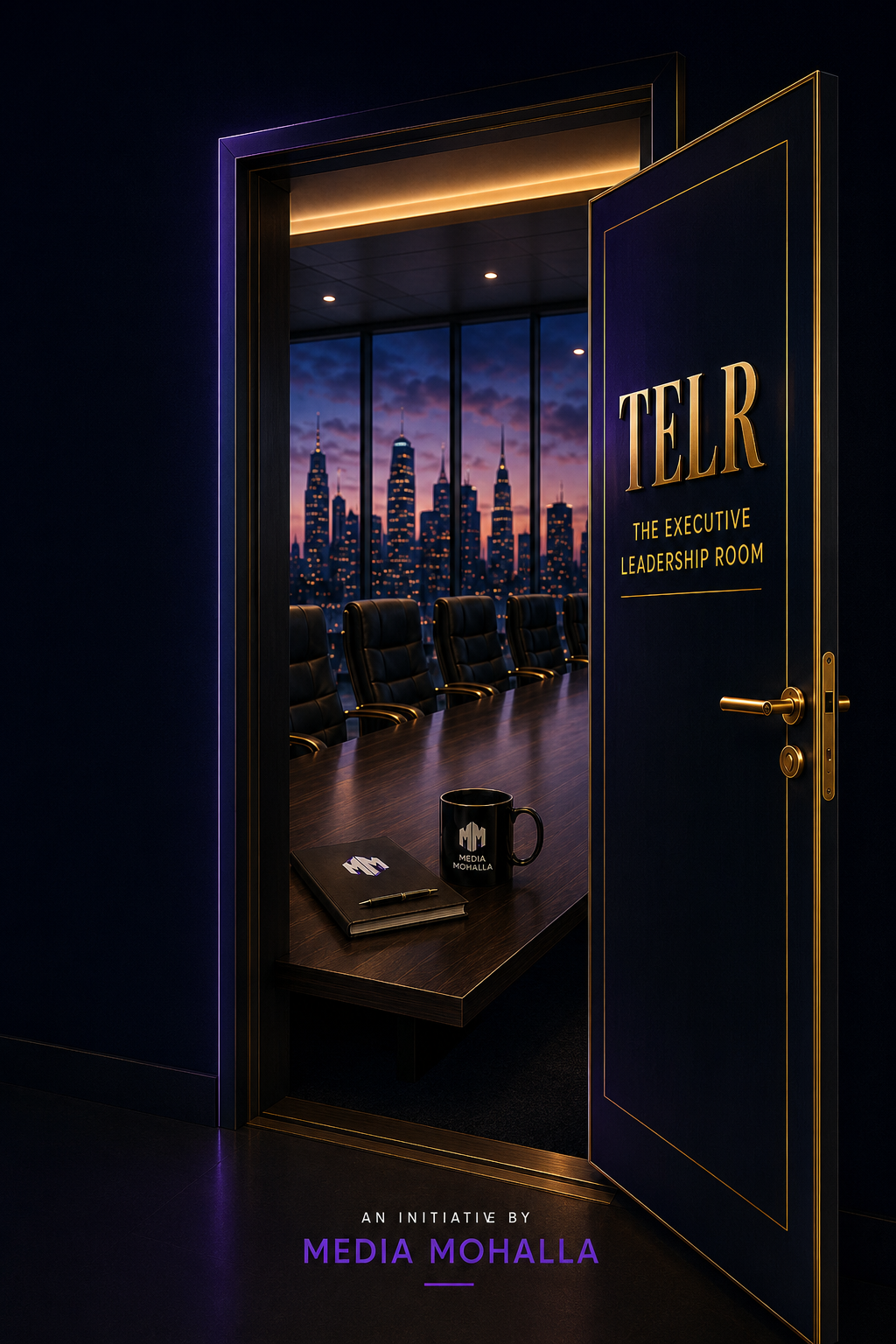 TELR executive boardroom with an open leadership-room door and city skyline